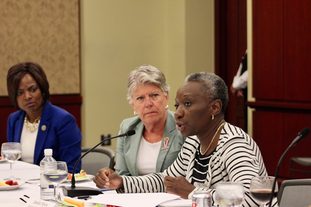 NDI&#039;s Gender, Women and Democracy Director Sandra Pepera discusses violence against women in Syria and post-conflict zones. On far left is Rep. Val Demings (FL) with Rep. Julia Brownley (CA) next to Pepera.