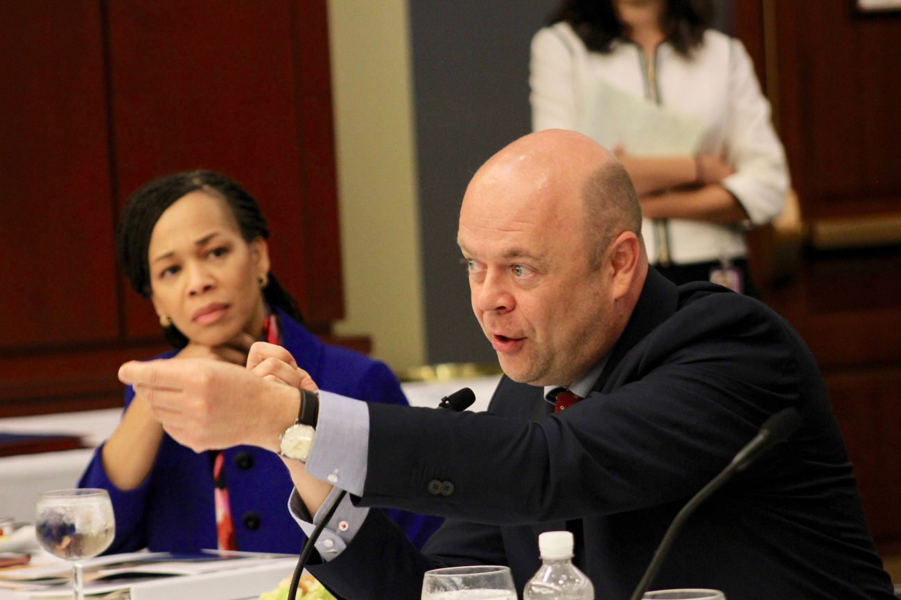 Syria Global Associate and Senior Resident Elvis Zutic describes NDI democracy efforts in opposition-held territory. To his left is Rep. Lisa Blunt Rochester (DE).