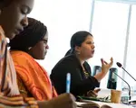 Politically-active women gather at NDI’s Washington, D.C., headquarters in May 2018 to discuss their experiences with Violence Against Women in Political Parties and what can be done to solve it.