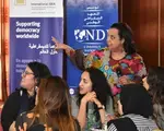 NDI’s resident program director, Rakeb Abate, with a group of participants at the African Union’s North Africa regional youth consultation in Tunis, Tunisia.  