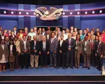 International delegates on the CPD presidential debate  stage at the Debate Visit and CPD-NDI International  Debate Symposium in October 2016 at University of  Nevada, Las Vegas in October 2016.