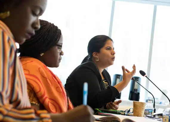 Politically-active women gather at NDI’s Washington, D.C., headquarters in May 2018 to discuss their experiences with Violence Against Women in Political Parties and what can be done to solve it.