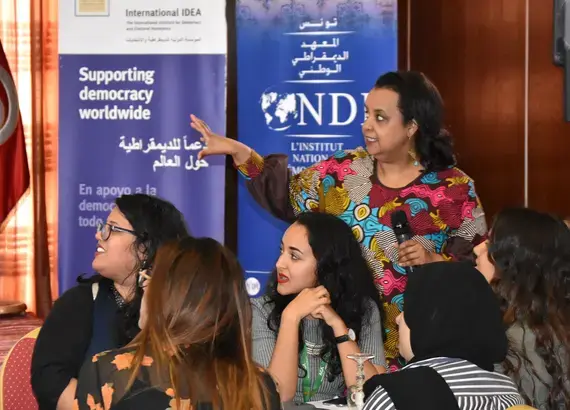 NDI’s resident program director, Rakeb Abate, with a group of participants at the African Union’s North Africa regional youth consultation in Tunis, Tunisia.