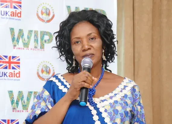Ebe Joy, the ruling party's Enugu state chairman, speaks at NDI's Women in Politics program launch in Enugu.
