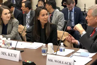 NDI President Ken Wollack testifies on policies to support the renewal of democracy in Cambodia, along with Mona Kem, Deputy Director-General of Public Affairs for the Cambodia National Rescue Party and Olivia Enos of the Heritage Foundation.