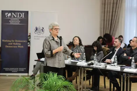 Qendresa Qytetare presenting at NDI’s high-level dialogue event, November 2023