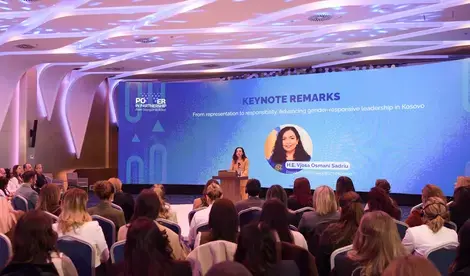 President Vjosa Osmani Sadriu delivering her keynote address at the opening conference of Week of Women 2026.